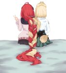 2girls absurdly_long_hair absurdres ahoge alice_thymefield alternate_hair_length_(shorter) alternate_hairstyle animal_ears bebekp bed blonde_hair braid cutting_hair from_behind hair_down hair_focus highres long_hair multiple_girls on_bed rabbit_ears rabbit_girl rabbit_tail red_hair scissors severed_hair shirt simple_background sitting tail ukinami_yuzuha very_long_braid very_long_hair white_background white_shirt zenless_zone_zero 