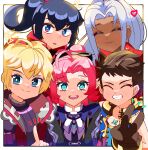  2girls 3boys absurdres aqua_eyes black_bow black_hair blonde_hair blue_eyes bow brown_hair closed_eyes commentary eleanor_(xenoblade) elma_(xenoblade_x) english_commentary grin hair_bow highres hoshinokotta multiple_boys multiple_girls noah_(xenoblade) pink_hair ponytail rex_(xenoblade) shulk_(xenoblade) smile v white_hair xenoblade_chronicles_(series) xenoblade_chronicles_1 xenoblade_chronicles_2 xenoblade_chronicles_3 xenoblade_chronicles_x xenoblade_genesis 