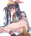  1girl :o aku0 ankle_socks anus apron arm_at_side arm_support ass ass_focus bar_censor black_hair black_shirt black_shoes black_skirt blue_archive blue_hair blush blush_visible_through_hair breasts censored clothes_lift collared_shirt commentary defecating demon_girl demon_horns feet_out_of_frame frilled_apron frilled_sleeves frills fuuka_(blue_archive) gradient_hair grey_horns hair_on_horn halo headscarf heavy_breathing highres horns knees_together_feet_apart lifting_own_clothes long_hair long_sidelocks long_sleeves looking_at_viewer lying miniskirt mosaic_censoring multicolored_hair necktie no_panties nose_blush on_side open_mouth perineum petticoat pleated_skirt puffy_long_sleeves puffy_sleeves pussy red_eyes red_halo red_necktie red_socks scat shirt shoes sidelocks simple_background skirt skirt_lift small_breasts smell socks solo steaming_body streaked_hair tsurime twintails two-tone_hair very_long_hair white_apron white_background yellow_headscarf yellow_necktie yellow_trim 
