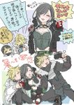  1girl 2boys beanie belt black_hair black_hat black_jacket black_pants black_scarf blonde_hair blue_eyes blush breasts camera cleavage cloud_strife cloud_strife_(snowy_icicle_jacket) commentary_request crop_top crossover dissidia_duellum_final_fantasy dissidia_final_fantasy emphasis_lines final_fantasy final_fantasy_vii final_fantasy_vii:_ever_crisis final_fantasy_xv fingerless_gloves flying_sweatdrops fur-trimmed_jacket fur_trim gloves goggles goggles_around_neck goggles_on_headwear green_belt hat heads_together highleg highleg_panties highres holding holding_camera holding_wallet jacket kneeling large_breasts long_hair midriff_peek multiple_boys official_alternate_costume on_one_knee open_clothes open_jacket open_mouth oshibainoticket panties pants prompto_argentum red_eyes red_gloves scarf selfie short_hair speech_bubble spiked_hair sweat thumbs_up tifa_lockhart tifa_lockhart_(rider_jacket) torn_clothes torn_pants translation_request underwear wallet white_jacket 