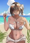  1girl beach bikini breasts brown_eyes brown_hair cloud commentary_request dark-skinned_female dark_skin eyepatch_bikini eyewear_on_head food food_on_body food_on_breasts goddess_of_victory:_nikke hair_over_one_eye highleg highleg_bikini highres holding holding_food holding_popsicle large_breasts melting_popsicle naga_(nikke) naga_(ring_ensemble)_(nikke) navel ocean official_alternate_costume one_eye_covered open_mouth outdoors popsicle samon0603 sky solo standing sunglasses swimsuit white_bikini 