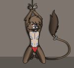  bound brown_fur clothed clothing darktenor5 fur kreatiivfox male mammal monkey primate prisoner red_eyes scared skimpy solo spandex speedo swimsuit tail_poof tattoo tight_clothing yellow_sclera 