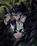  1boy artist_name beard_stubble black_feathers black_hair black_suit cigarette closed_eyes commentary facial_hair feathers glint highres kagurabachi katana male_focus mouth_hold samura_seiichi satsu_(satsscarlet) scar scar_across_eye scar_on_face sheath shirt stubble suit sword tobimune_(sword) unsheathing weapon white_shirt wings 