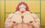  2boys absurdres bara beard between_pectorals blonde_hair commentary_request earrings erection facial_hair highres huge_pectorals jewelry long_hair lying male_focus male_pubic_hair mifan5201314n migi_(yomi_no_tsugai) multicolored_hair multiple_boys muscular muscular_male nipples on_back pecjob pectorals penis pubic_hair red_hair sharp_teeth small_horns solo_focus teeth two-tone_hair yaoi yomi_no_tsugai yuru_(yomi_no_tsugai) 