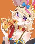  +_+ 1girl absurdres ahoge animal_ear_fluff animal_ears back_bow black_bow black_gloves black_streaks blonde_hair blue_bow blue_nails blush bow bowtie braid breasts cheese cleavage clothing_cutout club_hair_ornament collarbone commentary_request cross-laced_clothes cross-laced_gloves diamond_hair_ornament double-parted_bangs eating elbow_gloves english_commentary fennec_fox food food_on_body food_on_breasts fox_ears fox_girl gloves hair_between_eyes hair_bow hair_ornament hair_over_shoulder hairclip halter_shirt halterneck hat head_tilt highres holding holding_food holding_pizza hololive jester_cap large_bow lips long_hair looking_at_viewer medium_breasts mixed-language_commentary multicolored_gloves multicolored_hair multicolored_nails multicolored_shirt nail_art nail_polish olive omaru_polka omaru_polka_(1st_costume) orange_background pink_streaks pizza playing_card_theme purple_eyes rabbit_ornament raised_eyebrows red_bow red_bowtie red_gloves red_nails redrawn shirt side_braid simple_background single_braid single_elbow_glove single_glove single_wrist_cuff skirt skirt_bow sleeveless sleeveless_shirt spade_hair_ornament streaked_hair tilted_headwear tomato tomato_slice traditional_bowtie upper_body virtual_youtuber white_wrist_cuffs wrist_cuffs x_hair_ornament yuuppi zain_(omaru_polka) 