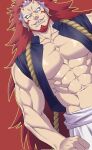  1boy abs bare_pectorals beard commentary_request dutch_angle earrings facial_hair full_bloom2000 highres jewelry large_pectorals long_hair looking_at_viewer male_focus migi_(yomi_no_tsugai) multicolored_hair muscular muscular_male navel pectorals red_background red_hair sharp_teeth simple_background small_horns solo streaked_hair teeth two-tone_hair very_long_hair yomi_no_tsugai 
