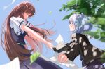  2girls asaka_kaori belt black_cardigan blue_eyes blue_hair brown_hair cardigan commentary dress funtak green_belt highres holding_hands hoshikawa_shizuku kimi_to_tsuzuru_utakata long_hair long_sleeves medium_hair multiple_girls open_mouth paper pinafore_dress school_uniform shirt short_hair sleeveless sleeveless_dress teeth upper_teeth_only white_shirt 