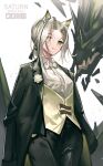  1girl animal_ear_fluff animal_ears arknights artist_name black_coat black_jacket black_pants bow bowtie breasts cat_ears cat_girl closed_mouth coat coat_on_shoulders collared_shirt commentary cowboy_shot deviantart_logo dress_shirt flower forehead formal_clothes green_eyes green_hair grey_hair highres instagram_logo jacket kal'tsit_(arknights) kal'tsit_(formal)_(arknights) long_sleeves looking_at_viewer mon3tr_(arknights) mon3tr_(summon)_(arknights) official_alternate_costume open_clothes open_coat pants pixiv_logo ribbon rose saturn_(saturn_illus) shirt simple_background solo suit_jacket tuxedo twitter_logo twitter_username vest waistcoat white_background white_bow white_bowtie white_flower white_rose white_shirt white_vest yellow_vest 