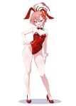  1girl absurdres ahoge anger_vein animal_ears black_halo blue_archive blush bow bowtie braid breasts cawl covered_navel detached_collar earrings fake_animal_ears hairband halo high_heels highres huge_ahoge jewelry leotard looking_at_viewer mole mole_under_each_eye mole_under_eye multiple_moles neru_(blue_archive) neru_(bunny)_(blue_archive) official_alternate_costume orange_hair playboy_bunny rabbit_ears red_bow red_bowtie red_eyes red_hairband red_leotard short_hair small_breasts solo strapless strapless_leotard stud_earrings traditional_bowtie white_wrist_cuffs wrist_cuffs 