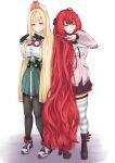  2girls absurdly_long_hair absurdres alice_thymefield alternate_hairstyle animal_ears bebekp black_pantyhose blonde_hair blue_eyes blush cardigan full_body full_moon green_eyes green_skirt hair_down hair_focus heterochromia highres holding holding_scissors long_hair looking_at_viewer moon multiple_girls open_mouth pantyhose pink_cardigan rabbit_ears rabbit_girl red_eyes red_hair scissors simple_background skirt smile standing ukinami_yuzuha very_long_hair white_background yellow_eyes zenless_zone_zero 