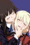  2girls biting biting_ear blonde_hair blue_dress blush brown_hair closed_eyes commentary dress hand_on_another's_face highres inoue_takina long_hair lycoris_recoil lycoris_uniform multiple_girls nishikigi_chisato purple_background red_dress sengoku_chidori short_hair simple_background trembling yuri 