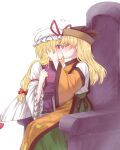  2girls absurdres blonde_hair blush bow breasts brown_hat commentary_request constellation_print detached_sleeves dress gap_(touhou) green_skirt hair_bow hands_on_another's_cheeks hands_on_another's_face hat hat_ribbon highres kiss long_hair long_sleeves matara_okina medium_breasts mob_cap mochigumo multiple_girls orange_sleeves orange_tabard portal_(object) purple_eyes purple_tabard red_bow red_ribbon ribbon sitting skirt sun_print surprise_kiss surprised tabard touhou translation_request white_dress white_hat wide_sleeves yakumo_yukari yuri 