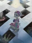  1boy 1girl blue_eyes castle child commentary_request dress fairy from_above high_up highres hitsuji_zelda holding holding_instrument holding_ocarina hyrule_castle instrument link looking_at_viewer navi ocarina parted_lips pointy_ears princess_zelda shadow sitting smoke the_legend_of_zelda the_legend_of_zelda:_ocarina_of_time triforce young_link young_zelda 