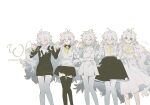  5girls @_@ a-line_skirt ahoge bandage_on_leg bib_collar black_dress black_eyes black_shirt black_skirt black_thighhighs buttoned_cuffs buttons cardigan character_name charlotte_wiltshire charlotte_wiltshire_(delirium) charlotte_wiltshire_(q84) charlotte_wiltshire_(v19) closed_eyes collared_shirt dress english_text floating_clothes floating_hair frilled_dress_collar frilled_sleeves frills grin hair_between_eyes hand_up hello_charlotte highres holding holding_hands holding_stuffed_toy index_finger_raised light_blush light_smile long_hair long_sleeves looking_at_viewer messy_hair multiple_girls multiple_persona neck_ribbon no_pupils one_eye_closed pantyhose parted_lips pleated_skirt ribbon schwarzald scrunchie shirt sidelocks simple_background skirt smile smug stuffed_animal stuffed_toy teddy_bear thighhighs turtleneck turtleneck_shirt v-neck very_long_hair white_background white_cardigan white_dress white_eyes white_hair white_pantyhose white_shirt white_skirt white_thighhighs wrist_scrunchie yellow_ribbon 