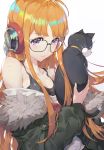  ahoge animal bangs bare_shoulders behind-the-head_headphones black-framed_eyewear black_cat blunt_bangs blush breasts calder cat cleavage coat collarbone eyebrows_visible_through_hair fur-trimmed_coat fur_trim glasses green_coat holding holding_animal long_hair long_sleeves morgana_(persona_5) off_shoulder orange_hair persona persona_5 purple_eyes sakura_futaba shiny shiny_hair shirt simple_background small_breasts tank_top tareme upper_body very_long_hair whiskers white_shirt wings 