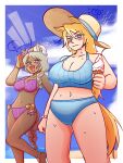  ! 2girls absurdres animal_ears beach bikini blonde_hair blue_eyes blush braid breasts dark-skinned_female dark_skin food grey_hair happy hat highres horse_ears horse_girl horse_tail ice_cream jojo_no_kimyou_na_bouken large_breasts looking_at_viewer mature_female multiple_girls personification slow_dancer_(jojo) smile starlinkman steel_ball_run sweat sweatdrop swimsuit tail umamusume valkyrie_(jojo) 