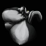  2018 anthro big_breasts bljrnjt breast_expansion breasts clothed clothing digital_media_(artwork) eyes_closed female fur hair huge_breasts hyper hyper_breasts immobile inside mammal monochrome nipples nude simple_background sitting skunk smile solo solo_focus topless xxsnake_spiderxx 