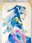  1girl android armor blue_armor blue_eyes blue_helmet closed_mouth cowboy_shot crop_top expressionless fairy_leviathan_(mega_man) forehead_jewel helmet highres holding holding_polearm holding_weapon looking_at_viewer mega_man_(series) mega_man_zero_(series) photo_(medium) polearm simple_background solo spear traditional_media weapon white_background yamanashi_taiki 