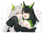  ... 2girls :d ^_^ ahoge arknights black_hair closed_eyes commentary_request dress fangs green_dress green_eyes green_streaks grey_hair happy heart highres horns hug kal'tsit_(arknights) kal'tsit_esperanta_(arknights) long_hair medium_hair mon3tr_(arknights) multicolored_hair multiple_girls open_mouth simple_background sleeves_past_fingers sleeves_past_wrists smile spoken_ellipsis streaked_hair thai_commentary upper_body white_background white_dress yomo_mochi3190 