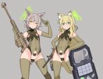  2girls :o ainagi alternate_halo animal_ear_fluff animal_ears anti-materiel_rifle assault_rifle bar_censor barrett_m82 blonde_hair blue_archive blush breasts censored commentary_request corruption covered_navel elbow_gloves fox_ears fox_girl fox_tail glock gloves green_eyes green_gloves green_halo green_leotard grey_background grey_hair grin gun h&amp;k_ump halo handgun hands_on_own_hips holding holding_gun holding_weapon kaiser_pmc_(blue_archive) kurumi_(blue_archive) leotard long_hair looking_at_viewer multiple_girls nipple_cutout nipples object_insertion octopus_tattoo open_mouth otogi_(blue_archive) pubic_tattoo pussy rifle salute sex_toy shield short_hair simple_background small_breasts smile sniper_rifle standing submachine_gun tail tattoo thighhighs triangle_halo v-shaped_eyebrows vaginal vaginal_object_insertion variant_set weapon 