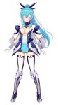  1girl :> ^_^ arch_kalmia armor armored_boots blue_hair blush boots breasts capelet cleavage closed_eyes closed_mouth facing_viewer full_body fuyunagi_tsubasa game_asset gloves gold_trim hair_ornament hairclip high_ponytail large_variant_set long_hair magical_girl medium_breasts non-web_source official_art ponytail saitou_natsuki self-datamine shinsou_kenki_arch_saver simple_background smile solo standing striped_clothes striped_thighhighs tachi-e thighhighs transparent_background variant_set white_gloves zettai_ryouiki 