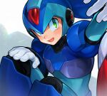  2boys android arm_behind_head armor blue_armor blue_helmet commentary english_commentary forehead_jewel green_eyes helmet honi_(ohohoni) legs_folded looking_at_another mega_man_(series) mega_man_x_(series) multiple_boys open_mouth out_of_frame simple_background sitting solo_focus sweat upper_body white_background x_(mega_man) zero_(mega_man) 