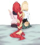  2girls absurdly_long_hair absurdres ahoge alice_thymefield alternate_hair_length_(shorter) alternate_hairstyle animal_ears bebekp bed blonde_hair braid cutting_hair from_behind hair_down hair_focus highres long_hair multiple_girls on_bed rabbit_ears rabbit_girl rabbit_tail red_hair scissors severed_hair shirt simple_background sitting tail ukinami_yuzuha very_long_braid very_long_hair white_background white_shirt zenless_zone_zero 