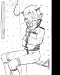  1boy absurdres bdsm bondage bottomless bound bound_knees commentary_request crossed_arms feet_out_of_frame gag gag_around_neck greyscale hakuyagen_(yoronbi) harmful_spikes highres indoors looking_at_viewer male_focus monochrome original short_hair sitting sketch solo spikes straitjacket unworn_gag whip_marks 