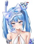  1girl :/ absurdres alt_text arahashi_tabi armpit_crease bikini blue_eyes blue_hair blush breasts cleavage closed_mouth commentary_request compass eruthu goggles goggles_on_head highres korean_commentary large_breasts long_hair looking_at_viewer o-ring o-ring_bikini pungdangi_(arahashi_tabi) raised_eyebrow simple_background snorkel solo stellive swim_goggles swimsuit twintails upper_body virtual_youtuber water_drop wet white_background white_bikini 