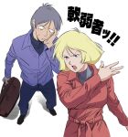  1boy 1girl angry blonde_hair blue_eyes blue_pants brown_shoes casual coat collared_shirt commentary_request covered_collarbone dress_shirt freckles gundam highres kai_shiden long_sleeves medium_hair mobile_suit_gundam mobile_suit_gundam_the_origin open_mouth pants purple_hair purple_shirt red_coat sayla_mass scene_reference shirt shirt_under_shirt shoes short_hair simple_background slapping tongue white_background zizi_(azusako3) 