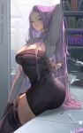  1girl ai_candii ass ass_focus black_dress black_hands black_thighhighs bookshelf breasts cleavage colored_extremities curvy dress flask highres huge_ass jessid large_breasts long_hair looking_at_viewer purple_eyes purple_hair round-bottom_flask sitting solo thick_thighs thighhighs thighs vchiban virtual_youtuber 