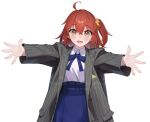  1girl ahoge artist_name borrowed_clothes commentary_request fate/grand_order fate_(series) fomnant fujimaru_ritsuka_(female) fujimaru_ritsuka_(female)_(anniversary_blonde) hair_ornament hair_scrunchie high-waist_skirt long_sleeves looking_at_viewer medium_hair open_clothes open_shirt orange_eyes orange_hair outstretched_arms scrunchie shirt short_side_ponytail side_ponytail skirt solo takeda_shingen_(fate) twitter_username white_shirt 