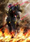 assault_rifle battle burning commentary_request damaged dirty earth_federation energy_sword fire glowing glowing_eyes gun gundam gundam_side_story:_missing_link highres holding holding_sword holding_weapon machine_gun mecha mecha_focus mobile_suit no_humans pale_rider_(mobile_suit) red_eyes rifle robot science_fiction shield signature smoke solo sword taka-f war weapon 