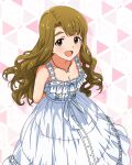  1girl :d arms_behind_back breasts brown_hair card_commentary cleavage commentary_request cowboy_shot dress game_asset idolmaster idolmaster_million_live! idolmaster_million_live!_theater_days jewelry leaning_forward long_hair looking_at_viewer miyao_miya necklace official_alternate_costume official_art open_mouth pure_onepiece_(idolmaster) ribbon-trimmed_dress ribbon_trim sleeveless sleeveless_dress smile solo standing sundress thick_eyebrows third-party_source white_dress 