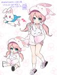  1girl :d animal animal_background animal_ears animal_hat animal_slippers arrow_(symbol) beret black_slippers bunny_slippers closed_mouth commentary_request commission fake_animal_ears green_eyes hair_ornament hat hugging_object long_hair long_sleeves low_twintails nekono_rin original pink_hair rabbit rabbit_ears rabbit_hair_ornament shirt skeb_commission sleeves_past_fingers sleeves_past_wrists slippers smile socks stuffed_animal stuffed_rabbit stuffed_toy translation_request twintails white_background white_hat white_shirt white_socks 