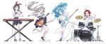  4girls absurdres ahoge akane_lize alternate_costume alternate_hairstyle animal_ear_fluff animal_ears arahashi_tabi black_hair black_shoes black_skirt blonde_streaks blue_eyes blue_hair blue_necktie blue_skirt bm_tol bow braid cable cat_ears collared_shirt commentary_request cymbals dress_shirt drum drum_set drumsticks full_body grey_hair guitar hair_bow hair_intakes hair_ornament hairclip heart heart_ahoge heart_hair_ornament highres holding holding_drumsticks holding_guitar holding_instrument instrument keyboard_(instrument) korean_commentary long_hair looking_at_viewer multicolored_hair multiple_girls neck_ribbon necktie neneko_mashiro parallel_hairclips plaid_clothes plaid_necktie playing_instrument playing_piano pleated_skirt red_bow red_hair red_ribbon red_streaks ribbon shirayuki_hina shirt shoelaces shoes short_hair simple_background skirt socks standing star_(symbol) star_hair_ornament stellive streaked_hair twin_braids virtual_youtuber white_background white_shirt white_socks white_streaks wristband yellow_eyes 