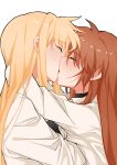  absurdres blonde_hair blush brown_hair closed_eyes fate_testarossa french_kiss highres hug kiss lyrical_nanoha mahou_shoujo_lyrical_nanoha_strikers multiple_girls simple_background takamachi_nanoha white_background wife_and_wife yer yuri 