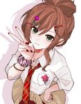  1girl bang_dream! bracelet breast_pocket breasts brown_hair brown_jacket chaomi52900 chinese_commentary clothes_around_waist collared_shirt commentary_request diagonal-striped_clothes diagonal-striped_necktie drop_shadow flower_hairclip from_above green_eyes hair_ornament hairclip hand_on_own_hip haneoka_school_uniform heart heart_hair_ornament heart_necklace high_ponytail highres imai_lisa jacket jacket_around_waist jewelry lofter_username long_hair looking_at_viewer medium_breasts multiple_hairclips necklace necktie parallel_hairclips pocket ponytail red_nails red_necktie school_uniform scrunchie shirt sidelocks simple_background solo striped_clothes striped_necktie white_background white_shirt wrist_scrunchie x_hair_ornament 