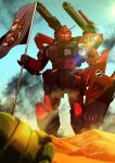  after_battle beam_cannon blurry blurry_foreground cable commentary_request desert earth_federation flag glowing glowing_eyes gundam gundam_msv highres holding holding_flag looking_at_viewer mecha mecha_focus mobile_suit mudrock_gundam no_humans red_eyes robot science_fiction severed_head shield signature smoke taka-f v-fin victory when_you_see_it wreckage zaku_ii zeon 