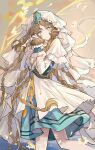  1girl :o absurdres braid brown_eyes brown_hair commentary_request cowboy_shot dress everecho_(reverse:1999) grey_background grey_eyes hand_puppet hands_up heterochromia highres leg_up long_hair long_sleeves multiple_braids puppet qinghong_zaoshu reverse:1999 short_dress solo veil white_dress white_veil 