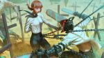  1boy 1girl 2others ambiguous_gender arm_behind_back black_necktie black_pants blood blood_on_ground blood_on_weapon blue_blood bound braid braided_ponytail buttons canon_event chain chainsaw chainsaw_man clenched_hand colored_blood commentary cross denji_(chainsaw_man) disembodied_arm duel english_commentary floating_clothes graveyard highres long_hair makima_(chainsaw_man) multiple_others necktie outstretched_arm pants parted_lips red_hair restrained ringed_eyes sharp_teeth shirt spoilers standing suit_pants teeth tied_up_(nonsexual) torn_clothes torn_shirt twitter_username weapon white_shirt whoareuu yellow_eyes zombie 