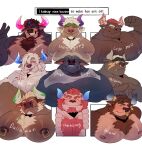  6+boys animal_ears another_eidos-r arm_behind_back asterius_(housamo) bara biceps bigfoot_(housamo) blush character_name chernobog_(housamo) chief_bogo closed_mouth commentary cow_boy cow_ears cow_horns crossed_arms dallawan_(xxl) earrings english_commentary face_piercing fangs fangs_out flexing furry furry_male grin gyumao_(housamo) highres horns index_fingers_together jewelry leaf_in_mouth live_a_hero looking_at_viewer male_focus mouth_hold multiple_boys muscular muscular_male nipple_piercing nipple_rings nipples no_shirt nose_piercing nose_ring obsidius_(live_a_hero) one_eye_closed pectorals piercing ring_piercing shennong_(housamo) shirt sleeveless sleeveless_shirt smile sora_idiotka stalk_in_mouth tank_top tokyo_afterschool_summoners tongue tongue_out topless_male upper_body v volund_(another_eidos) white_background white_shirt white_tank_top xxl_woofia zootopia 