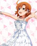  1girl :d bow card_commentary commentary_request cowboy_shot cowlick dress game_asset hair_bow idolmaster idolmaster_million_live! idolmaster_million_live!_theater_days looking_ahead official_alternate_costume official_art open_mouth orange_hair outstretched_arms pure_onepiece_(idolmaster) ribbon-trimmed_dress ribbon_trim short_hair sleeveless sleeveless_dress smile solo spread_arms standing sundress third-party_source white_bow white_dress yabuki_kana yellow_eyes 