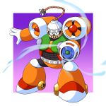  1boy aerokinesis aiming aiming_at_viewer air_current armor ball_and_chain_(weapon) blue_eyes border chest_jewel commentary electric_fan english_commentary fighting_stance full_body gloves gradient_background helmet highres mega_man_(classic) mega_man_(series) mega_man_6 orange_armor orange_helmet outside_border purple_background shoulder_armor simple_background solo spiked_ball_and_chain swirling toastiepumpkin two-tone_background weapon white_border white_gloves wind wind_man 