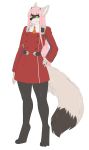  02 2018 anthro big_breasts black_fur black_nose breasts canine clothed clothing cosplay darling_in_the_franxx digital_media_(artwork) eyeliner female fluffy fluffy_tail fur green_eyes hair hand_on_hip hi_res horn kitsunewaffles-chan kyoko_komurasaki leggings legwear looking_at_viewer makeup mammal multicolored_fur pink_hair simple_background smile solo uniform white_background white_fur wolf 