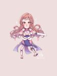  1girl armor artist_name asymmetrical_legwear brown_eyes brown_hair commentary commission english_commentary fire_emblem fire_emblem_fates grey_background hana_(fire_emblem) headband highres japanese_armor japanese_clothes katana long_hair looking_at_viewer lucat_lula samurai sandals sheath shin_guards simple_background smile solo sword thighs uneven_legwear unsheathing weapon white_armor white_headband 