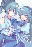 2girls @_@ aqua_hair bare_shoulders blue_bow blue_bowtie blue_gloves blue_hair blue_skirt blush bow bowtie commentary_request detached_sleeves dual_persona elbow_gloves flying_sweatdrops gloves hair_bow hanamiii_owo hand_on_own_chest heart-shaped_gem highres holding_hands long_hair magia_azure magia_azure_(la_verita) mahou_shoujo_ni_akogarete minakami_sayo multiple_girls nontraditional_miko open_mouth ponytail red_eyes skirt sleeveless smile sweat 