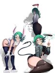  1boy 1girl absurdres animal_costume animal_ears bent_over biting_own_lip black_pants black_shorts black_thighhighs blunt_bangs boku_no_hero_academia breasts chainsaw_man commentary cosplay dog_costume english_commentary eyes_visible_through_hair gloves green_eyes green_hair grey_jacket grin halo hehevich highres jacket jane_doe_(zenless_zone_zero) jane_doe_(zenless_zone_zero)_(cosplay) leotard makima_(chainsaw_man) makima_(chainsaw_man)_(cosplay) midriff mirko mirko_(cosplay) one-punch_man pants partially_colored rabbit_ears rabbit_girl rabbit_tail saitama_(one-punch_man) short_hair short_shorts shorts sitting small_breasts smile tail tatsumaki telekinesis thick_eyebrows thighhighs torn_clothes torn_thighhighs white_gloves white_leotard yokozuwari zenless_zone_zero 