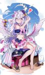  ! 1girl absurdres angel_wings arms_behind_head arms_up azusa_(blue_archive) azusa_(swimsuit)_(blue_archive) bead_necklace beads bikini bikini_skirt blue_archive blush chinese_commentary commentary_request crescent_halo feathered_wings flower food-themed_hair_ornament hair_between_eyes hair_flower hair_ornament halo highres jewelry long_hair looking_at_viewer navel necklace official_alternate_costume orange_hair_ornament purple_eyes purple_flower ruffle_bikini shoes sitting slippers solo strapless strapless_bikini swimsuit unworn_shoes watermelon_hair_ornament white_hair white_wings wings yellow_halo yumo939850 
