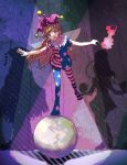  3girls american_flag american_flag_dress american_flag_print balancing blonde_hair clownpiece commentary_request cotolu dress fairy fairy_wings flag_print full_body hat hecatia_lapislazuli highres holding holding_torch jester_cap junko_(touhou) long_hair looking_at_viewer multiple_girls neck_ruff open_mouth pantyhose pink_eyes polka_dot_headwear purple_hat short_sleeves smile spotlight star_(symbol) star_print striped_clothes striped_dress striped_pantyhose torch touhou very_long_hair wings 